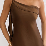 Carmel One-Shoulder Sash Maxi Dress Chocolate