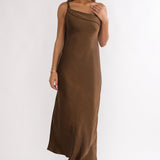 Carmel One-Shoulder Sash Maxi Dress Chocolate
