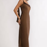 Carmel One-Shoulder Sash Maxi Dress Chocolate