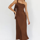 Carmel One-Shoulder Sash Maxi Dress Chocolate