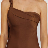 Carmel One-Shoulder Sash Maxi Dress Chocolate