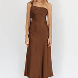 Carmel One-Shoulder Sash Maxi Dress Chocolate