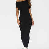 Kaelyn Asymmetric Neck Knit Maxi Dress Black