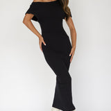 Kaelyn Asymmetric Neck Knit Maxi Dress Black
