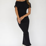 Kaelyn Asymmetric Neck Knit Maxi Dress Black