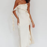 Like Yesterday Satin Ruffle Midi Dress Butter