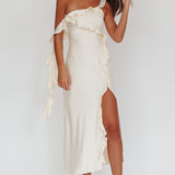 Like Yesterday Satin Ruffle Midi Dress Butter