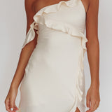 Like Yesterday Satin Ruffle Midi Dress Butter