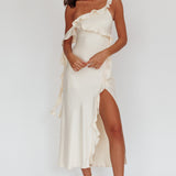 Like Yesterday Satin Ruffle Midi Dress Butter