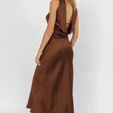 Damsel Reverse Halter Maxi Dress Satin Chocolate