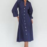 Ania Long Balloon Style Midi Dress Dark Denim