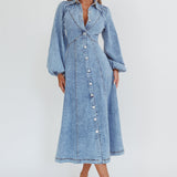 Ania Long Balloon Style Midi Dress Denim Blue