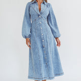 Ania Long Balloon Style Midi Dress Denim Blue