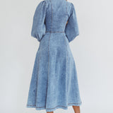 Ania Long Balloon Style Midi Dress Denim Blue