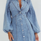 Ania Long Balloon Style Midi Dress Denim Blue