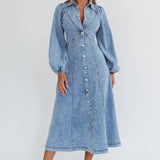 Ania Long Balloon Style Midi Dress Denim Blue
