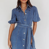 Myleigh Puff Sleeve Waist Tie Mini Dress Denim Blue
