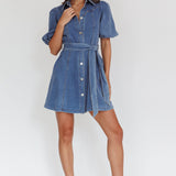 Myleigh Puff Sleeve Waist Tie Mini Dress Denim Blue
