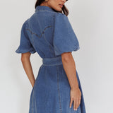 Myleigh Puff Sleeve Waist Tie Mini Dress Denim Blue