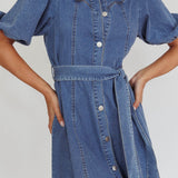 Myleigh Puff Sleeve Waist Tie Mini Dress Denim Blue