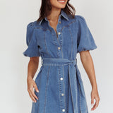 Myleigh Puff Sleeve Waist Tie Mini Dress Denim Blue