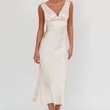 Leila V-Neck Low Back Satin Midi Dress Ivory