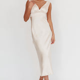 Leila V-Neck Low Back Satin Midi Dress Ivory
