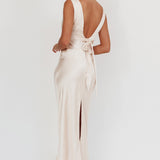 Leila V-Neck Low Back Satin Midi Dress Ivory