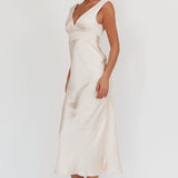 Leila V-Neck Low Back Satin Midi Dress Ivory