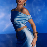 Alivya On-Off-Shoulder Satin Top Blue
