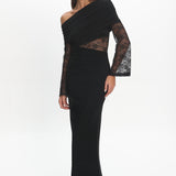 Alivya Asymmetric Neckline Lace Trim Maxi Dress Black