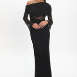 Alivya Asymmetric Neckline Lace Trim Maxi Dress Black