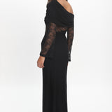 Alivya Asymmetric Neckline Lace Trim Maxi Dress Black