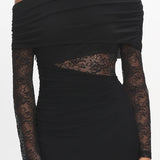 Alivya Asymmetric Neckline Lace Trim Maxi Dress Black