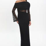 Alivya Asymmetric Neckline Lace Trim Maxi Dress Black