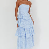 Giavana Strapless Layered Midi Dress Floral Embossed Blue