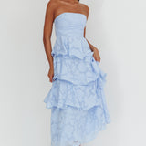 Giavana Strapless Layered Midi Dress Floral Embossed Blue