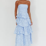 Giavana Strapless Layered Midi Dress Floral Embossed Blue