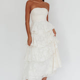 Giavana Strapless Layered Midi Dress Floral Embossed Cream