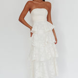 Giavana Strapless Layered Midi Dress Floral Embossed Cream