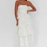 Giavana Strapless Layered Midi Dress Floral Embossed Cream