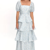 Giavana Puff Sleeve Layered Maxi Dress Floral Blue