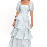 Giavana Puff Sleeve Layered Maxi Dress Floral Blue