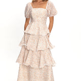 Giavana Puff Sleeve Layered Maxi Dress Orange