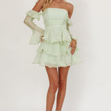 Giavana Off-Shoulder Layered Mini Dress Sage
