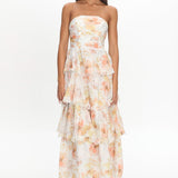 Giavana Strapless Layered Midi Dress Floral Beige