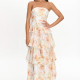 Giavana Strapless Layered Midi Dress Floral Beige