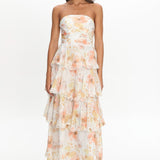 Giavana Strapless Layered Midi Dress Floral Beige