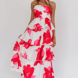 Giavana Strapless Layered Midi Dress Floral Red
