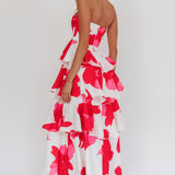 Giavana Strapless Layered Midi Dress Floral Red